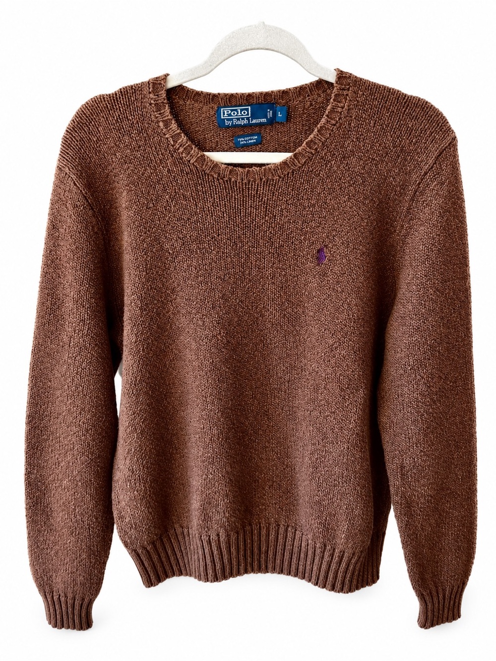 Polo Ralph Lauren Brown Cotton Linen Crewneck Sweater Purple Pony Men’s L